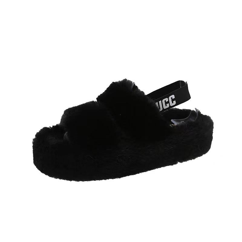 Women's Fluffy Platform Sandals Comfy Plush Slip On Slides Shoes