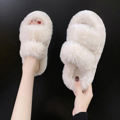 Women's Plush Slippers Double Strap Open Toe Slides