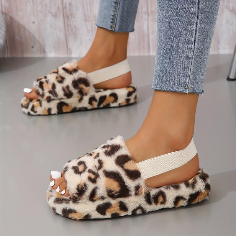 Leopard Printed Plush Slippers Open Toe Elastic Strap Slides