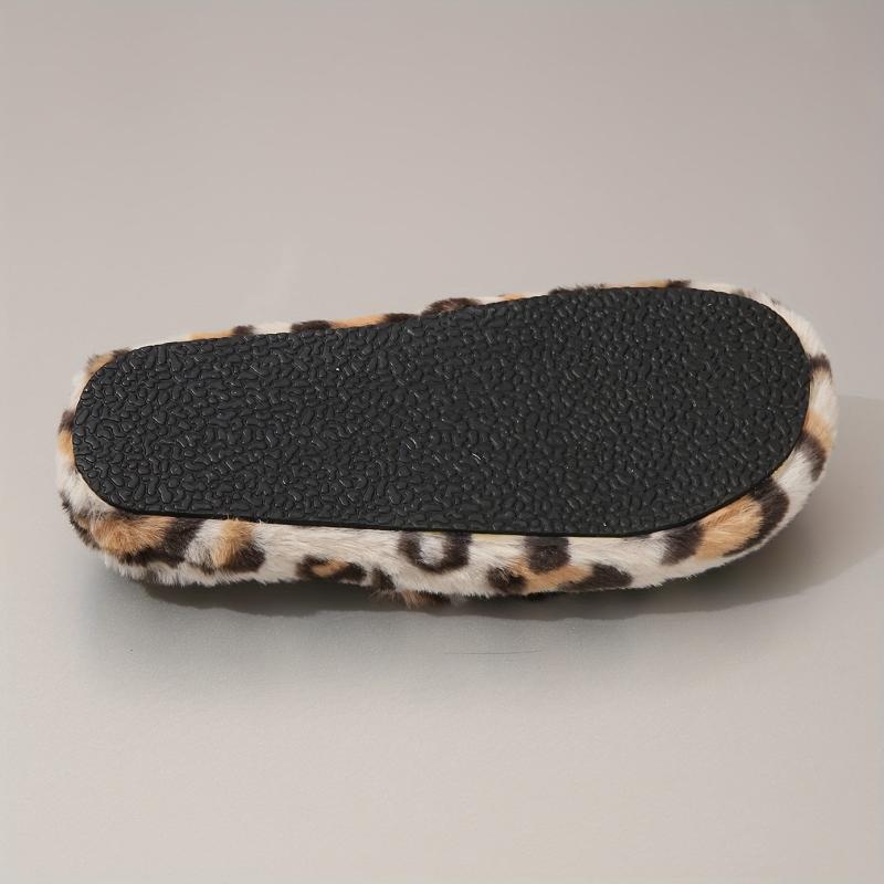Leopard Printed Plush Slippers Open Toe Elastic Strap Slides