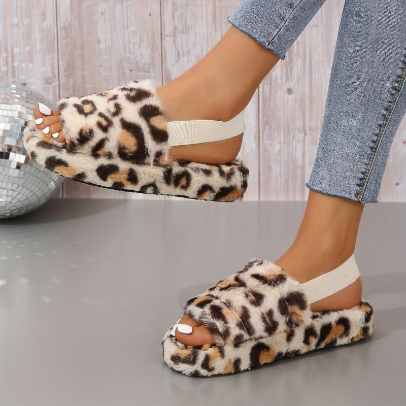 Leopard Printed Plush Slippers Open Toe Elastic Strap Slides
