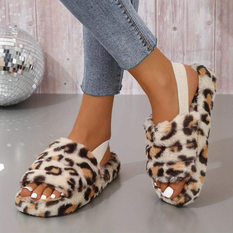 Leopard Printed Plush Slippers Open Toe Elastic Strap Slides