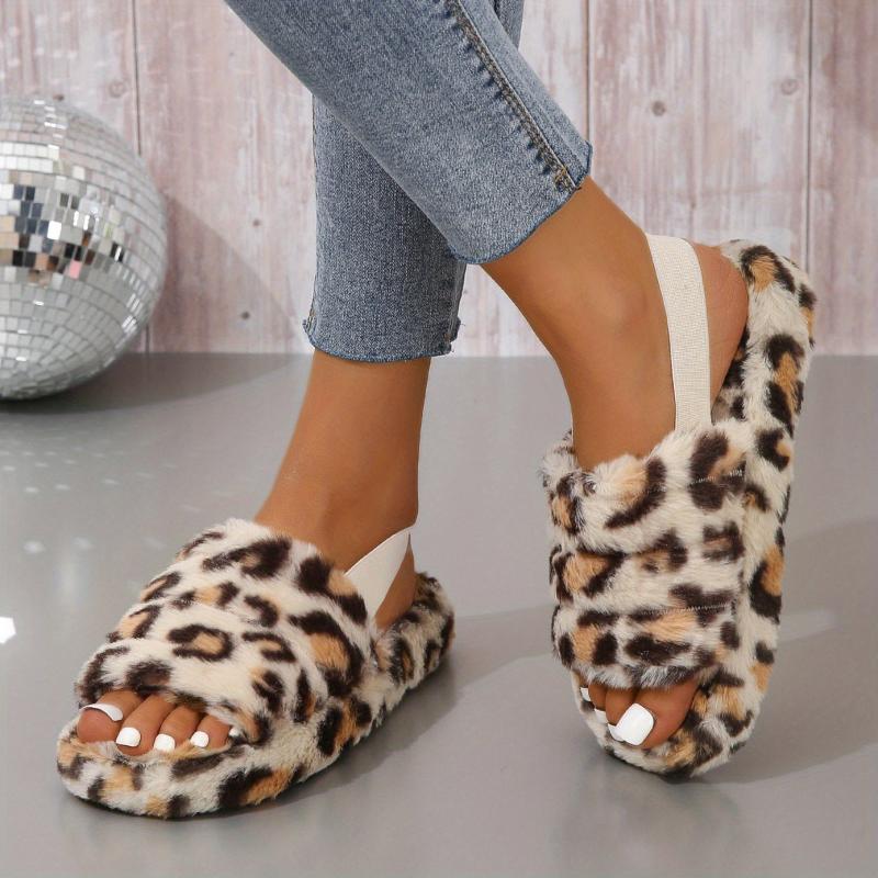 Leopard Printed Plush Slippers Open Toe Elastic Strap Slides