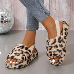 Leopard Printed Plush Slippers Open Toe Elastic Strap Slides