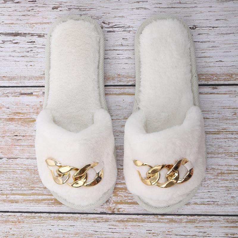 Chain Decor Fuzzy Slippers Slide Sandals Open Toe Indoor & Outdoor Slippers