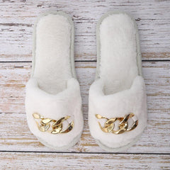 Chain Decor Fuzzy Slippers Slide Sandals Open Toe Indoor & Outdoor Slippers