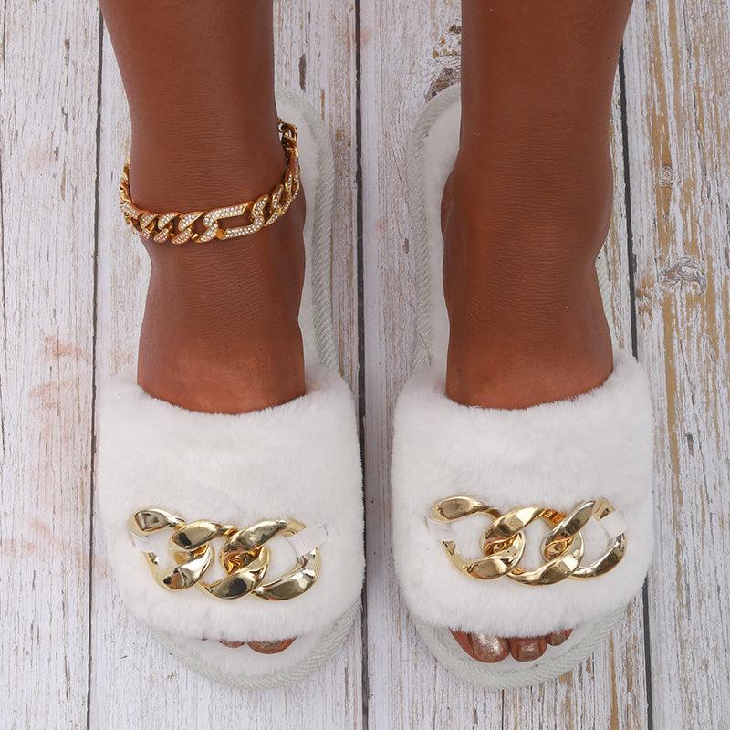 Chain Decor Fuzzy Slippers Slide Sandals Open Toe Indoor & Outdoor Slippers