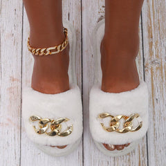 Chain Decor Fuzzy Slippers Slide Sandals Open Toe Indoor & Outdoor Slippers