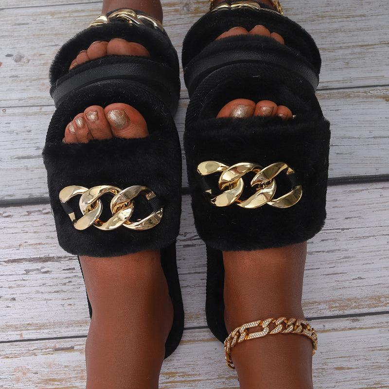 Chain Decor Fuzzy Slippers Slide Sandals Open Toe Indoor & Outdoor Slippers