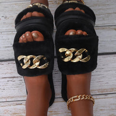 Chain Decor Fuzzy Slippers Slide Sandals Open Toe Indoor & Outdoor Slippers
