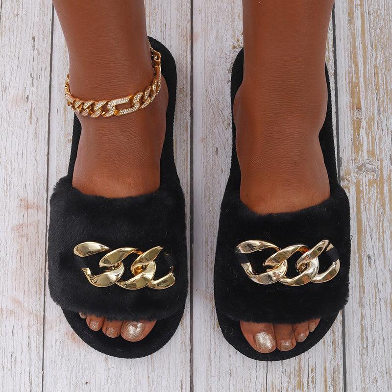 Chain Decor Fuzzy Slippers Slide Sandals Open Toe Indoor & Outdoor Slippers