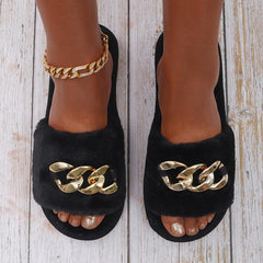 Chain Decor Fuzzy Slippers Slide Sandals Open Toe Indoor & Outdoor Slippers