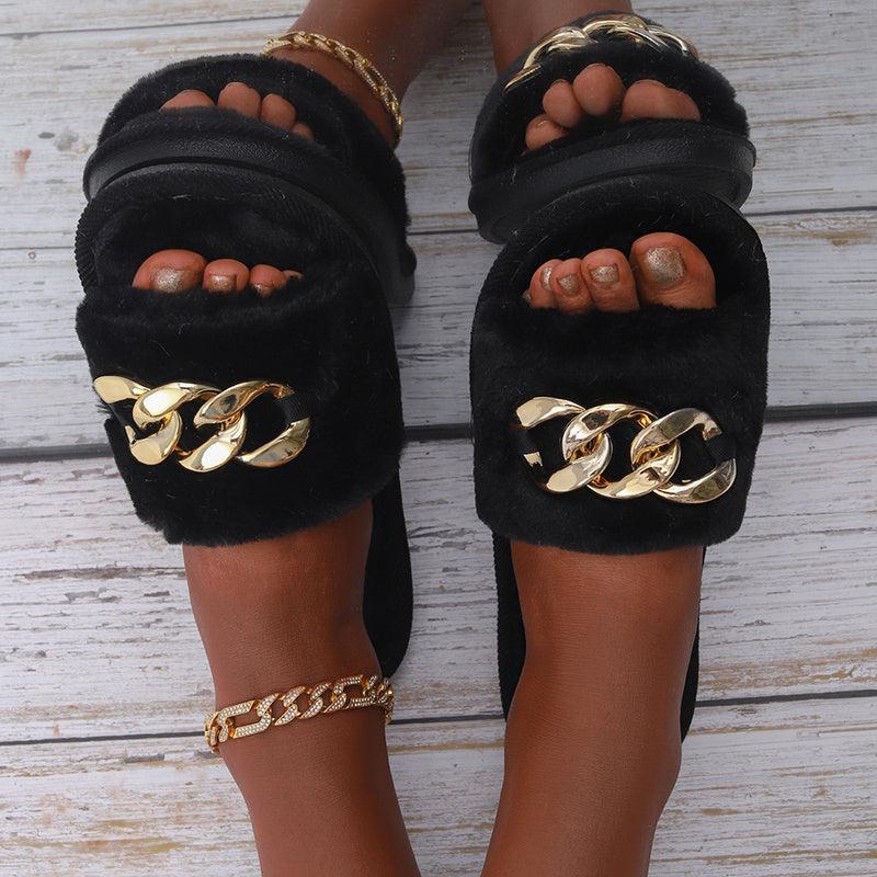 Chain Decor Fuzzy Slippers Slide Sandals Open Toe Indoor & Outdoor Slippers