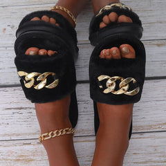 Chain Decor Fuzzy Slippers Slide Sandals Open Toe Indoor & Outdoor Slippers