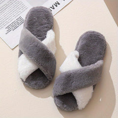 Women's Colorblock Plush Slippers Cozy Cross Strap Open Toe Shoes