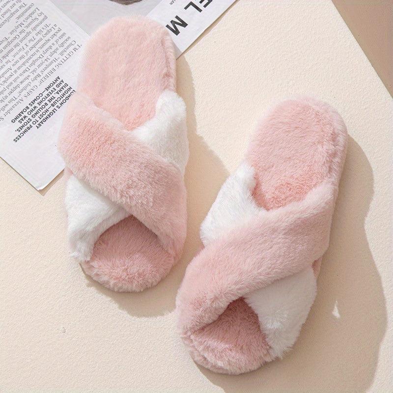 Women's Colorblock Plush Slippers Cozy Cross Strap Open Toe Shoes