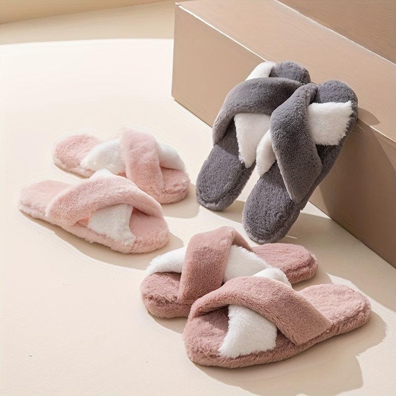 Women's Colorblock Plush Slippers Cozy Cross Strap Open Toe Shoes