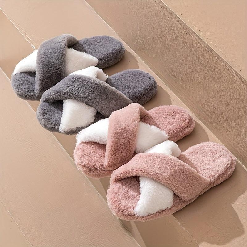 Women's Colorblock Plush Slippers Cozy Cross Strap Open Toe Shoes