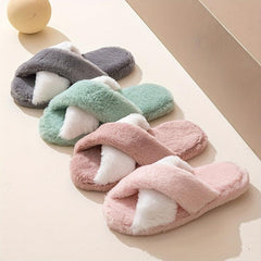 Women's Colorblock Plush Slippers Cozy Cross Strap Open Toe Shoes