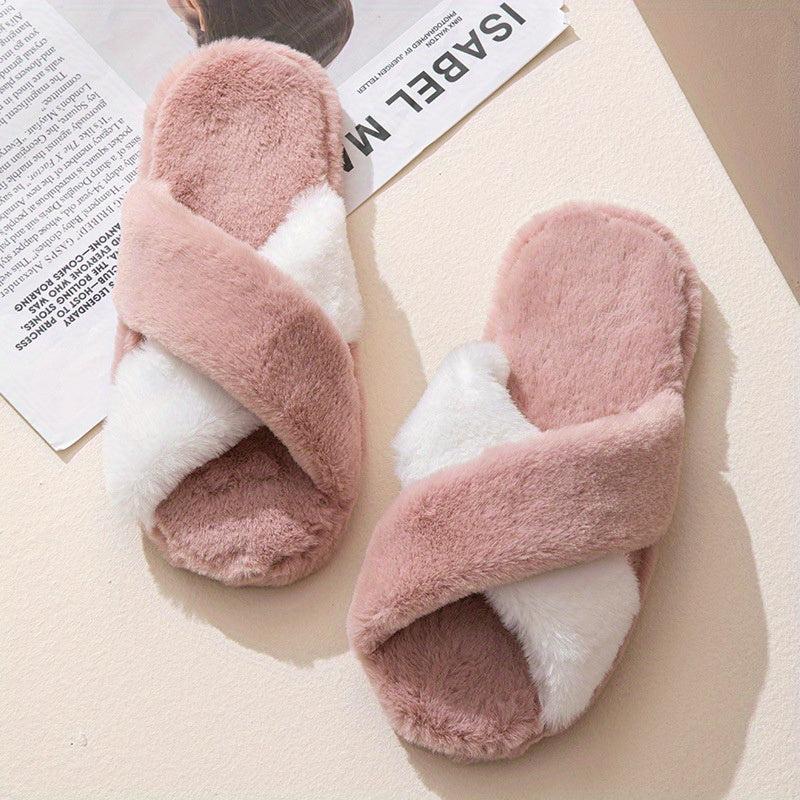 Women's Colorblock Plush Slippers Cozy Cross Strap Open Toe Shoes