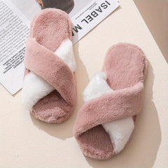 Women's Colorblock Plush Slippers Cozy Cross Strap Open Toe Shoes
