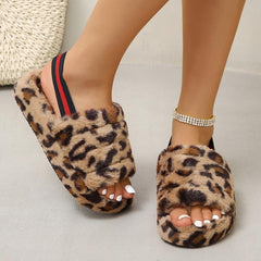 Leopard Print Slippers Fuzzy Platform Shoes