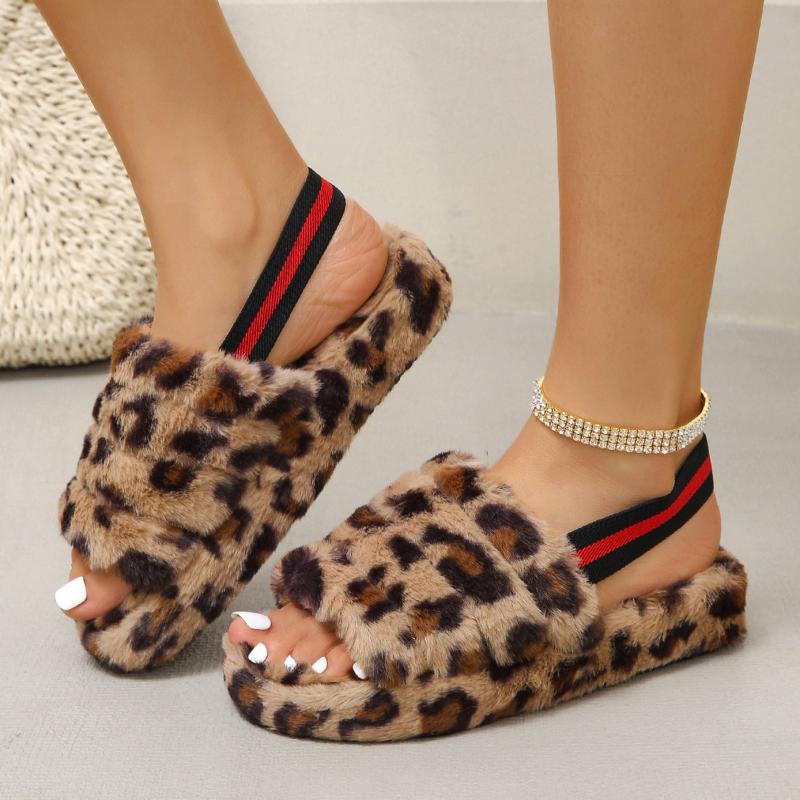 Leopard Print Slippers Fuzzy Platform Shoes