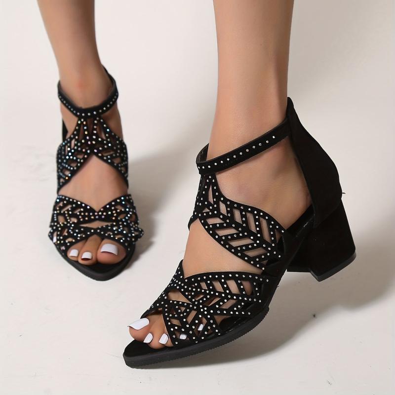 Chunky Heeled Sandals Rhinestone Peep Toe Low Heels