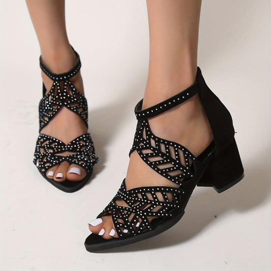 Chunky Heeled Sandals Rhinestone Peep Toe Low Heels