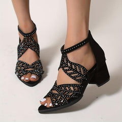 Chunky Heeled Sandals Rhinestone Peep Toe Low Heels