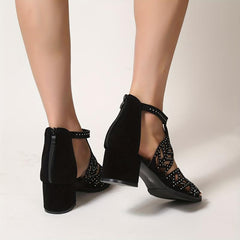 Chunky Heeled Sandals Rhinestone Peep Toe Low Heels