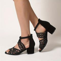 Chunky Heeled Sandals Rhinestone Peep Toe Low Heels