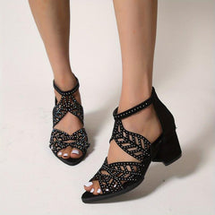 Chunky Heeled Sandals Rhinestone Peep Toe Low Heels