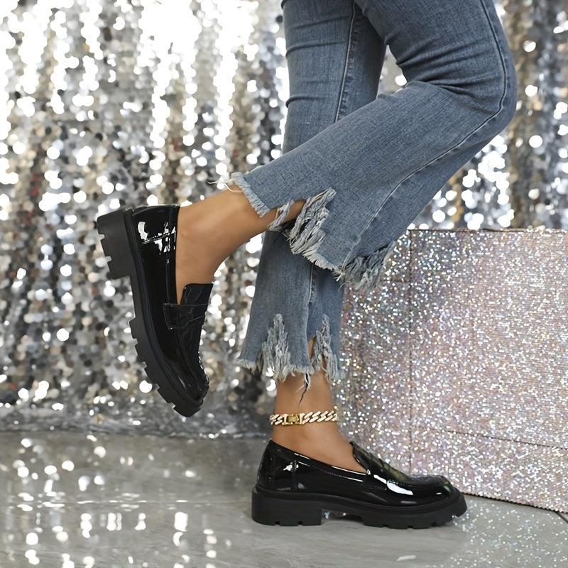Women's Patent Leather Platform Loafers Slip On Round Toe Shoes