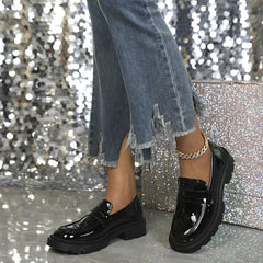 Women's Patent Leather Platform Loafers Slip On Round Toe Shoes