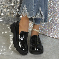 Women's Patent Leather Platform Loafers Slip On Round Toe Shoes