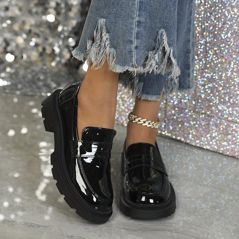 Women's Patent Leather Platform Loafers Slip On Round Toe Shoes