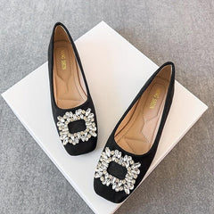 Women's Rhinestone Decor Flat Shoes Slip On Soft Sole Square Toe Shoes