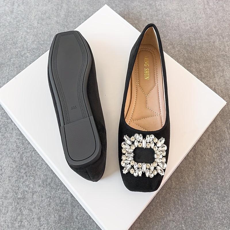 Women's Rhinestone Decor Flat Shoes Slip On Soft Sole Square Toe Shoes