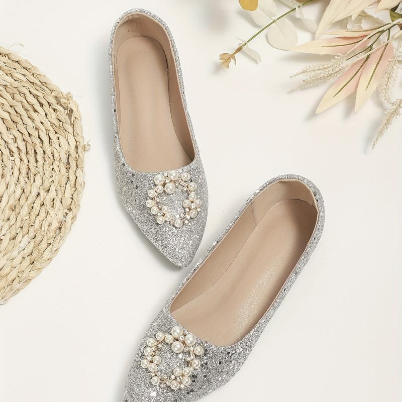 Women's Faux Pearl Flat Shoes Glitter Sequins Wedding Shoes