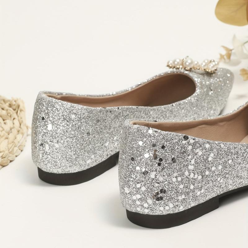 Women's Faux Pearl Flat Shoes Glitter Sequins Wedding Shoes