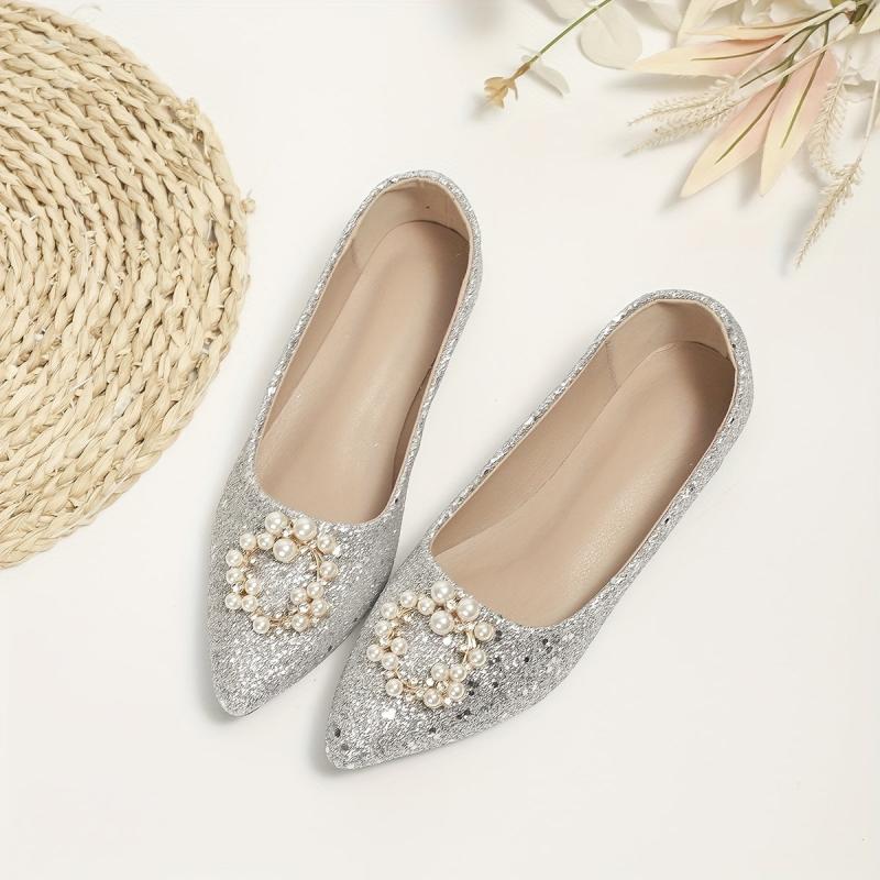 Women's Faux Pearl Flat Shoes Glitter Sequins Wedding Shoes