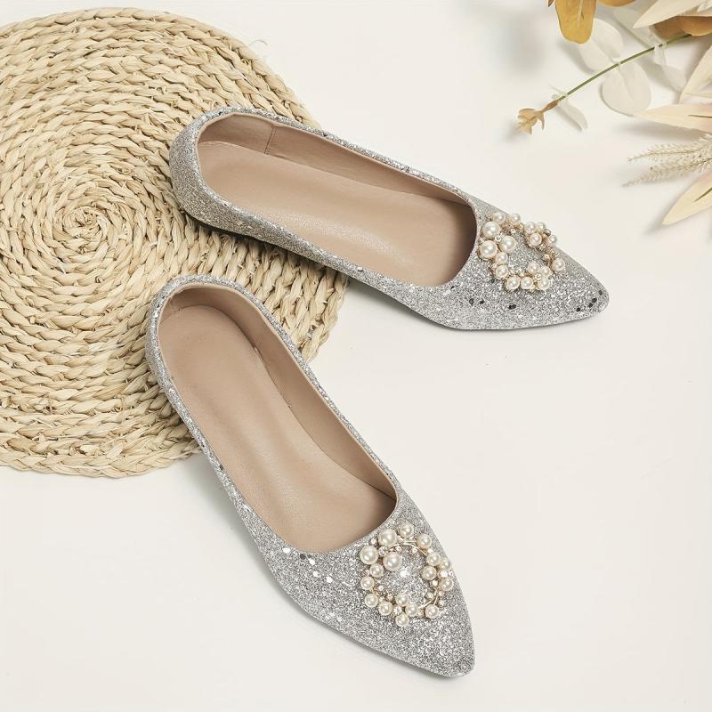 Women's Faux Pearl Flat Shoes Glitter Sequins Wedding Shoes