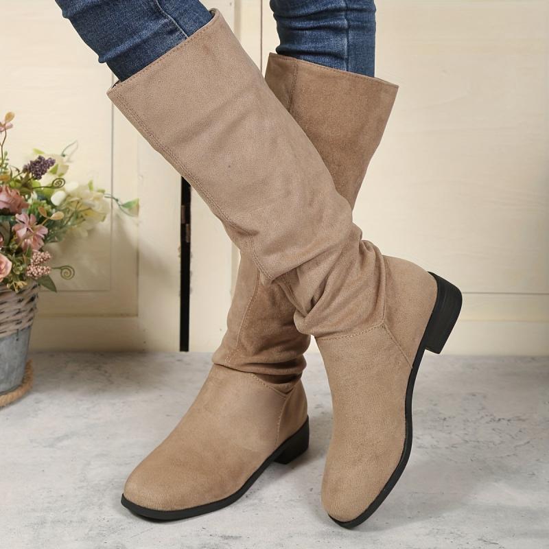 Women's Slouch Knee High Boots Round Toe Pull On Micro Suede Boots