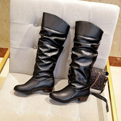 Women's Slouchy Mid Calf Boots Low Heeled Pull On Boots