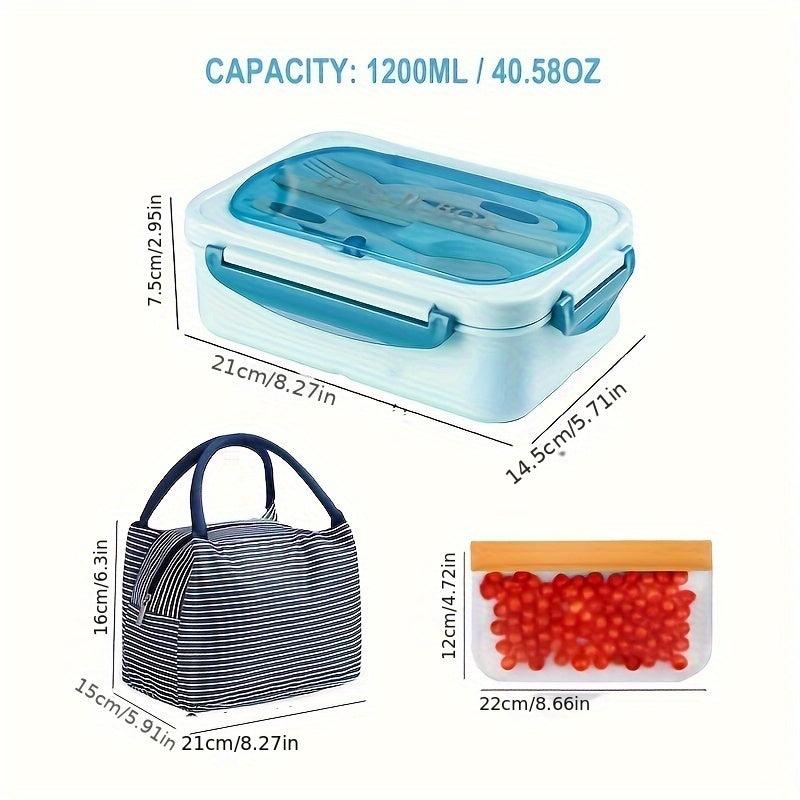 6pcs Lunch Box Set with Insulated Bag, Fork, Chopsticks - Large Capacity 1200ml