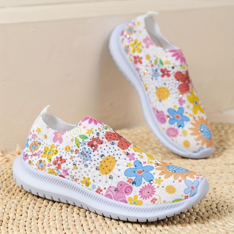 Women's Floral Rhinestone Tennis Shoes Non-Slip Lightweight Travel Shoes