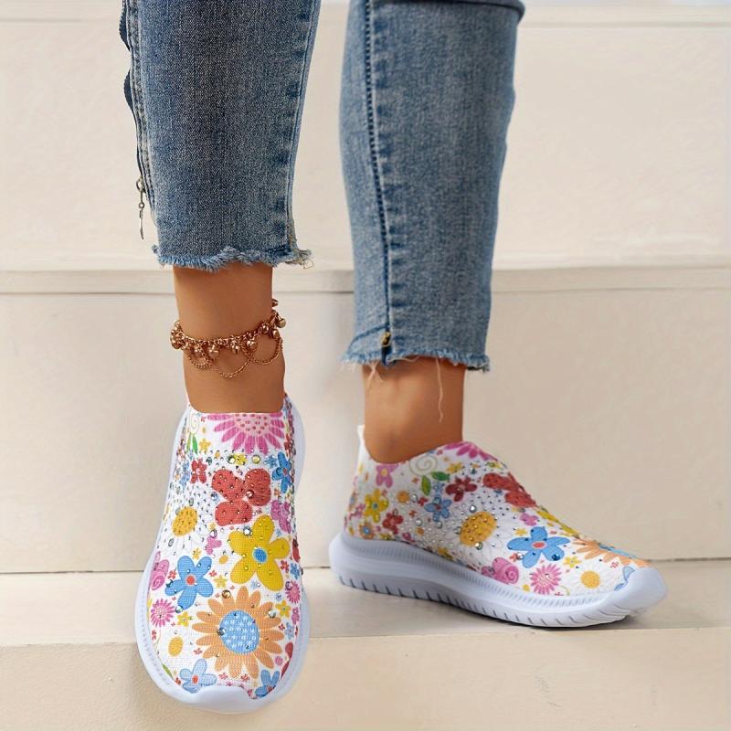 Women's Floral Rhinestone Tennis Shoes Non-Slip Lightweight Travel Shoes