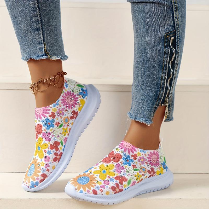 Women's Floral Rhinestone Tennis Shoes Non-Slip Lightweight Travel Shoes