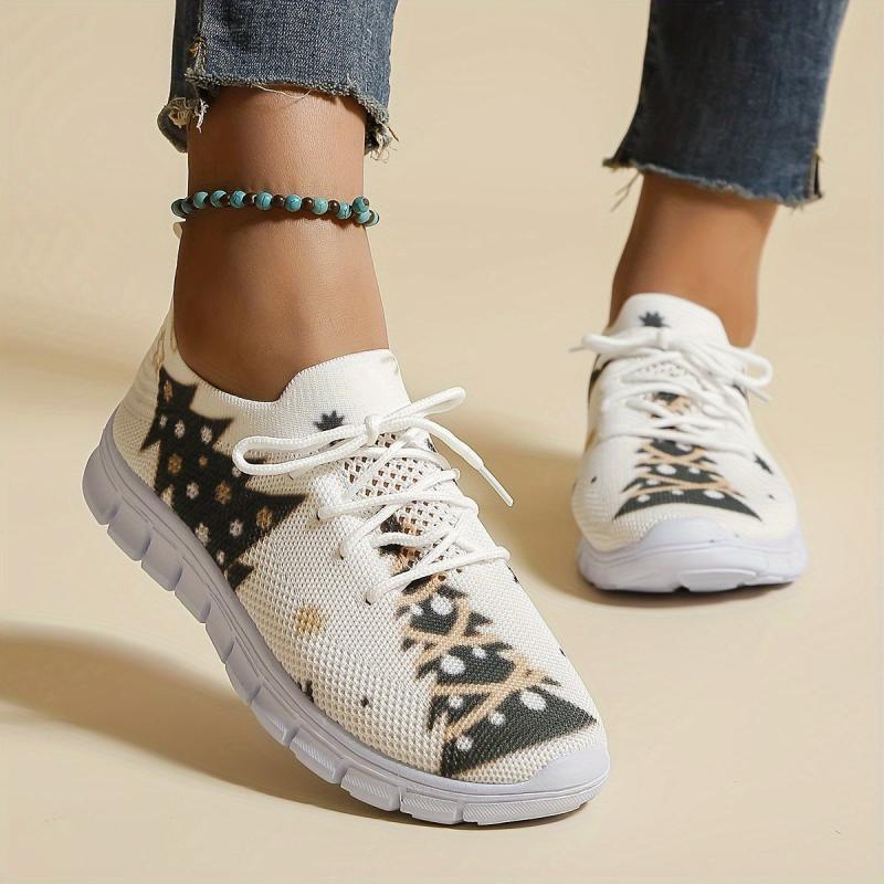 Christmas Tree Print Mesh Breathable Flying Woven Shoes Soft Sole Comfortable